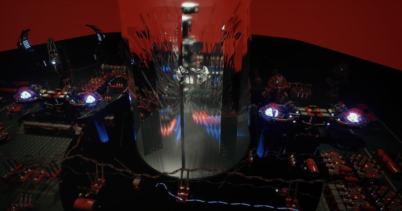 A dark machine landscape lit in red, with glowing eye-like lights around a reflective central column.