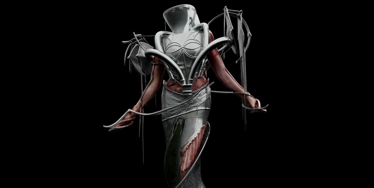 A rendered female figure bound in a silver corset-like structure, with red, wounded arms, against black.