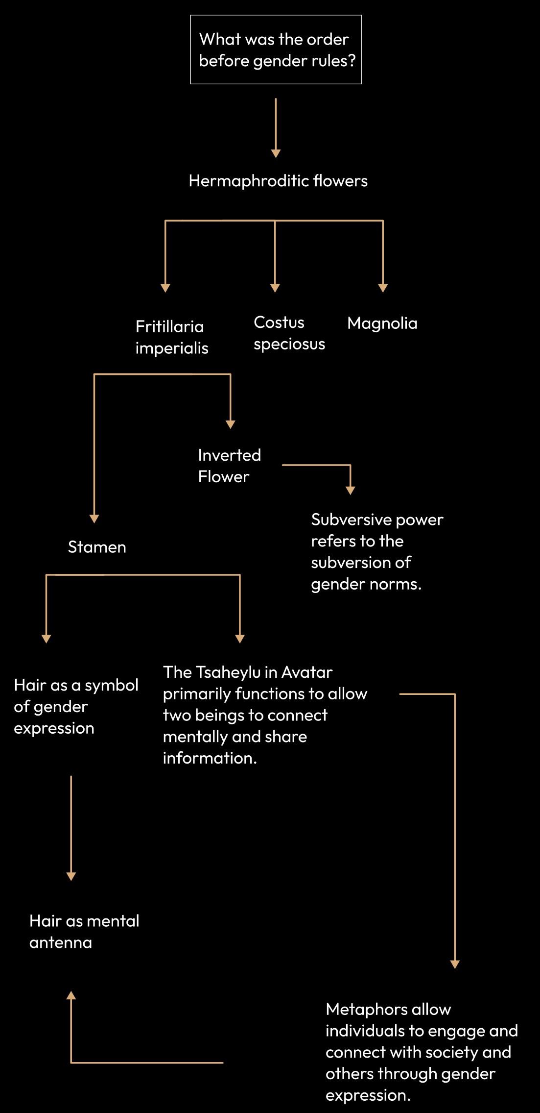 Mind map branching from "What was the order before gender rules?" through hermaphroditic flowers, the inverted flower, and the stamen to hair as a mental antenna.