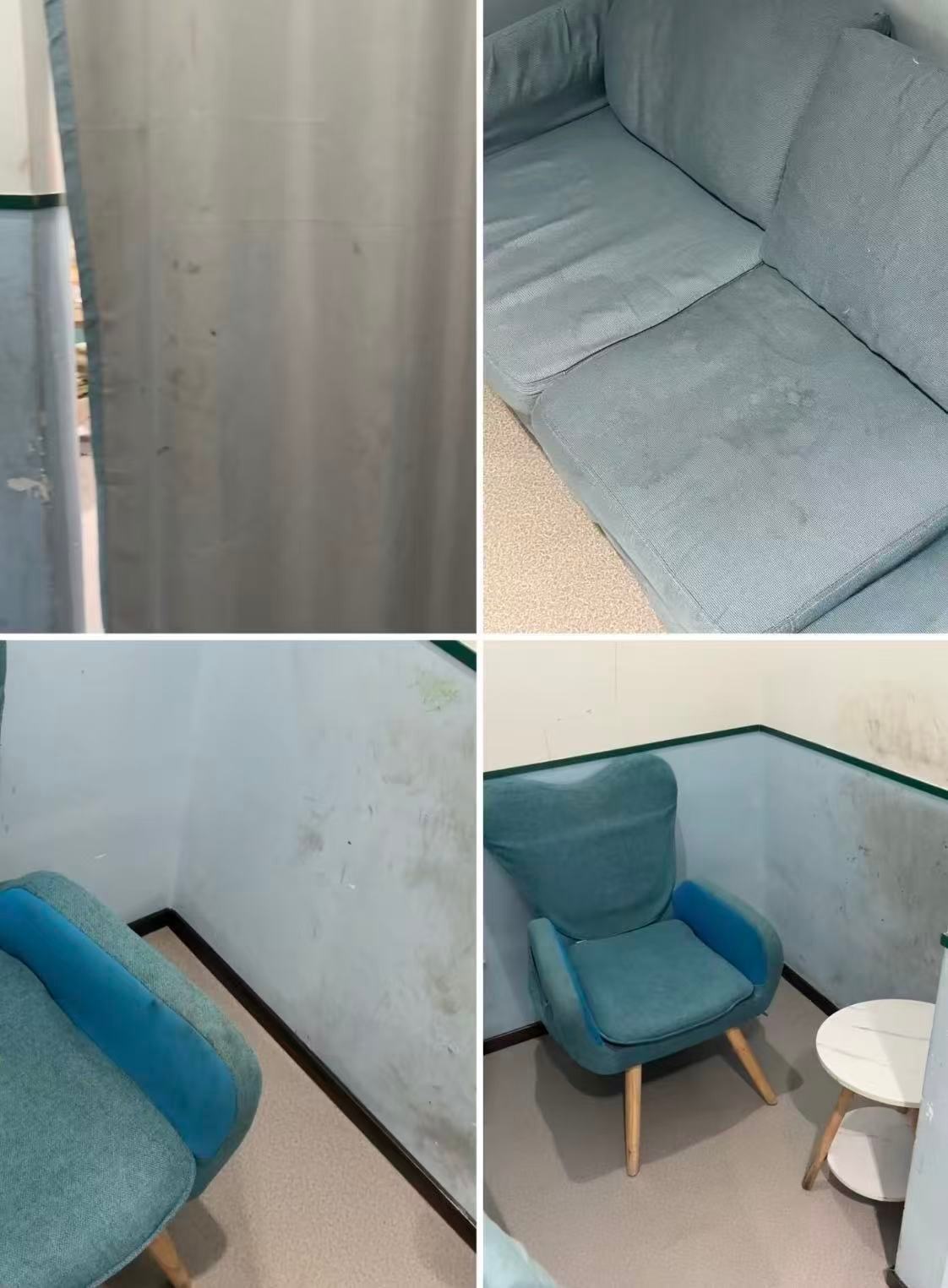 Four photographs of cramped baby-care rooms with worn furniture.