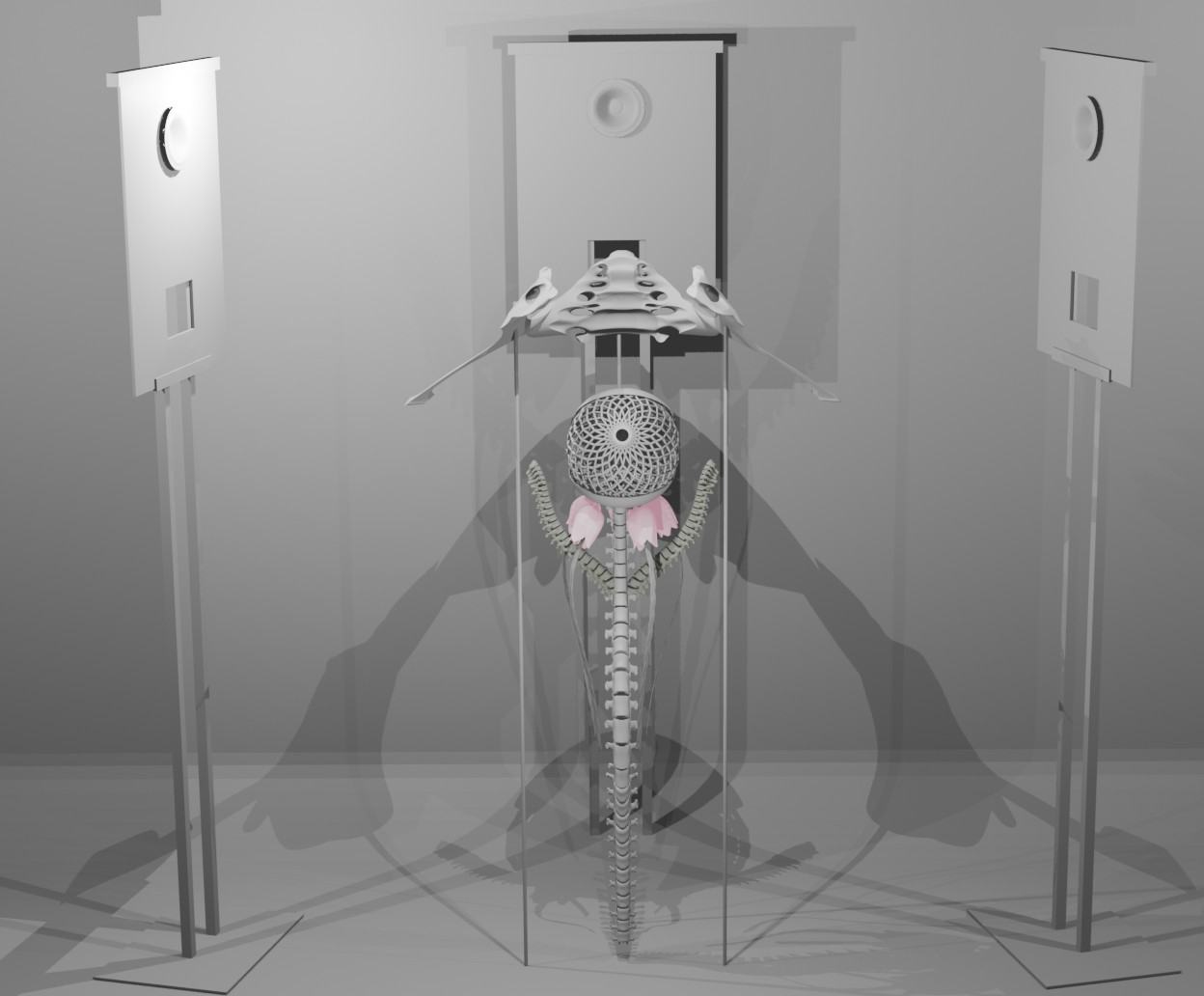 Render of the installation on a gray floor, casting a large shadow on the wall behind it.