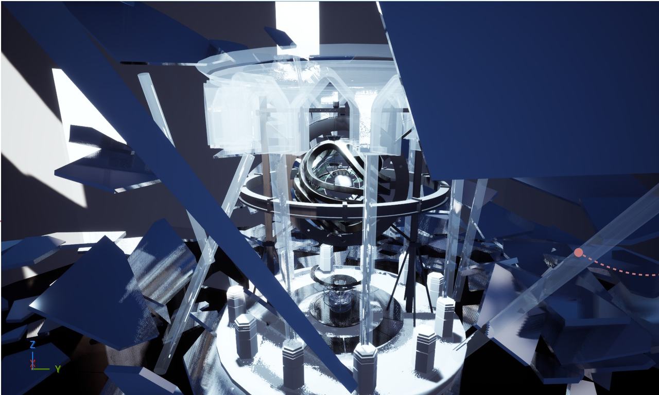 Render of the core structure lit in cold blue, surrounded by angular shards.