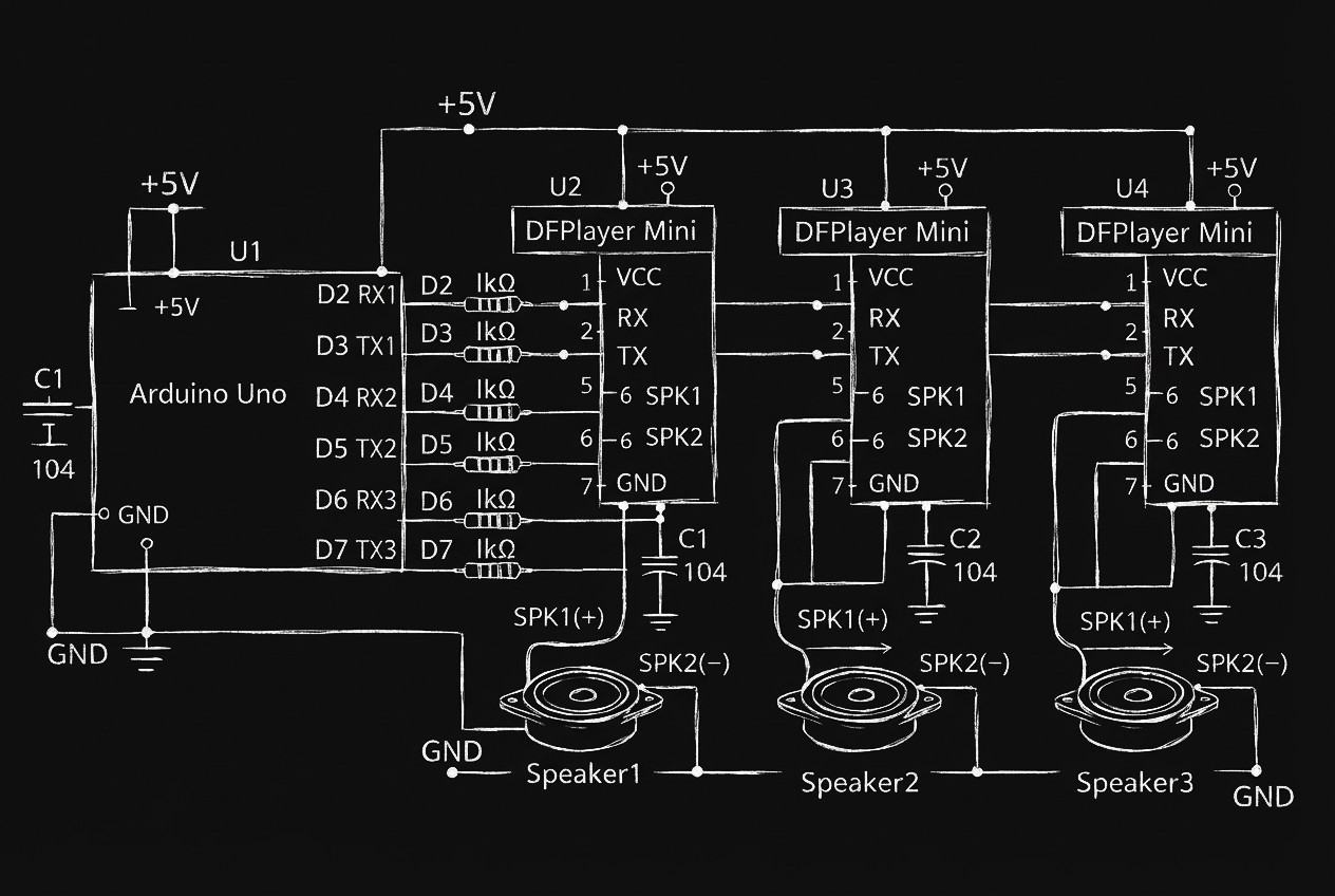 Hand-drawn style circuit diagram of an Arduino Uno connected to three DFPlayer Mini modules and three speakers.