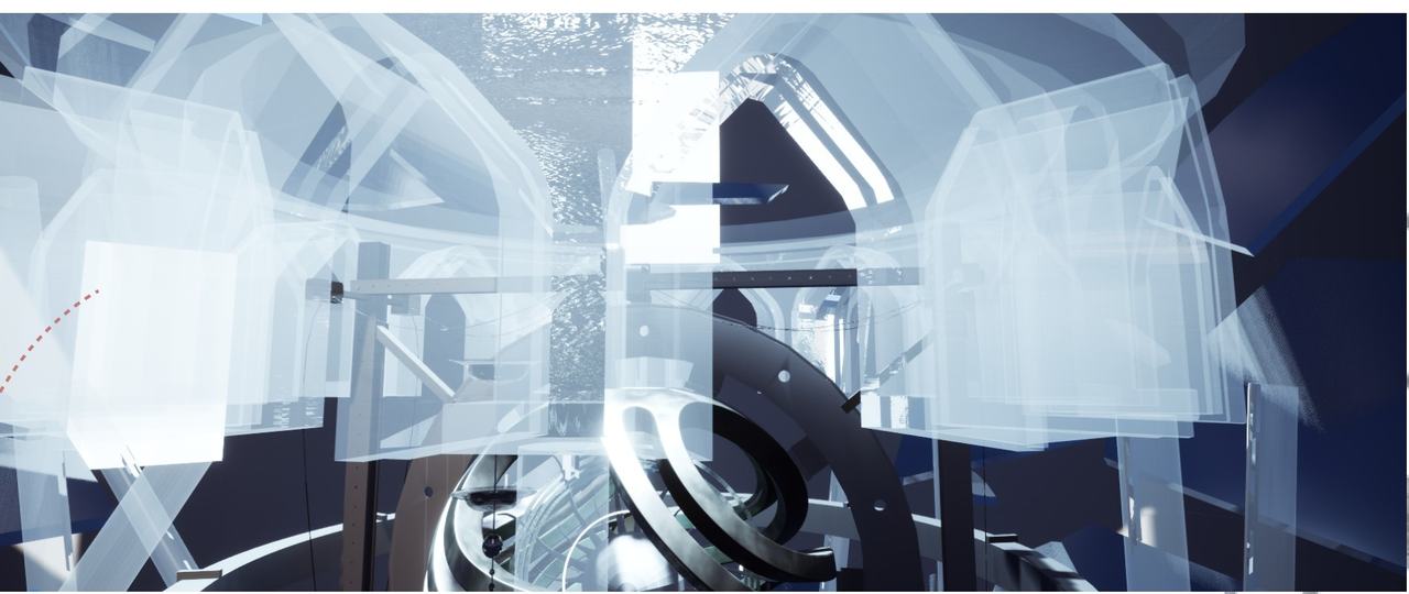 Render of translucent frosted-glass panels around the core.
