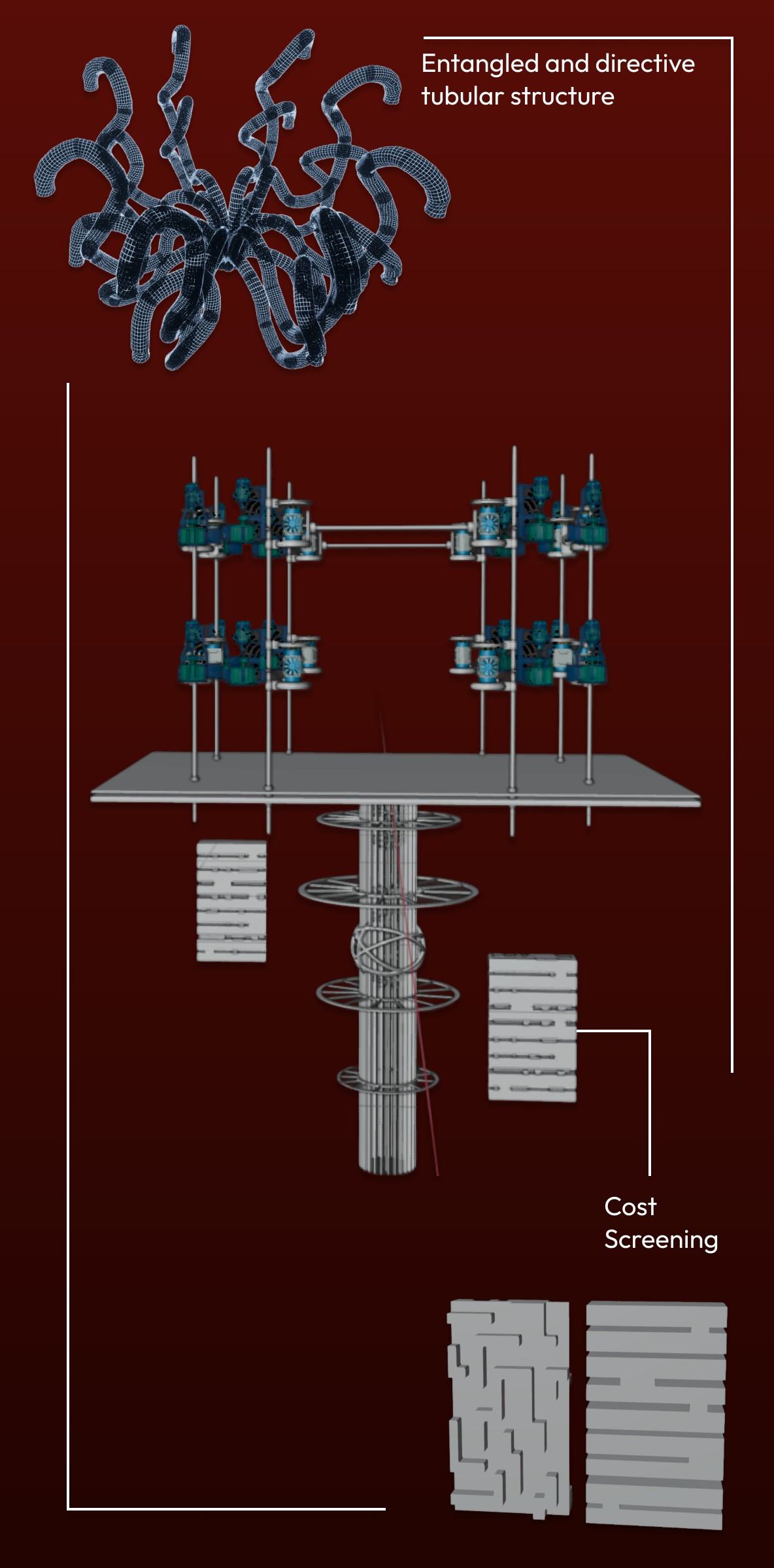 Gray 3D model of tangled tubular forms above a platform and a cylindrical tower.