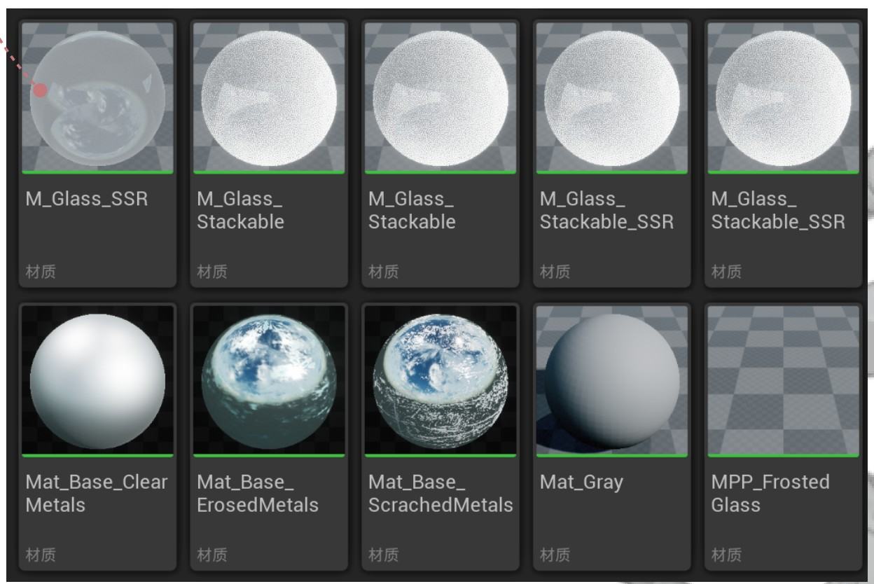 A grid of material previews for glass and metal shaders in Unreal Engine.