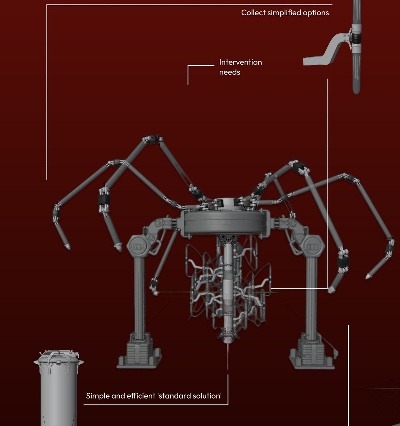 Gray 3D model of a spider-like machine with long jointed arms around a central column.