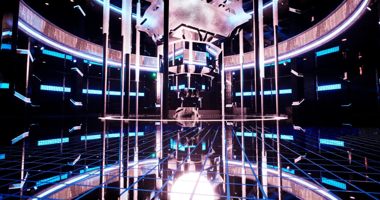 A symmetrical corridor of glowing blue and pink light panels reflected in a glossy floor.