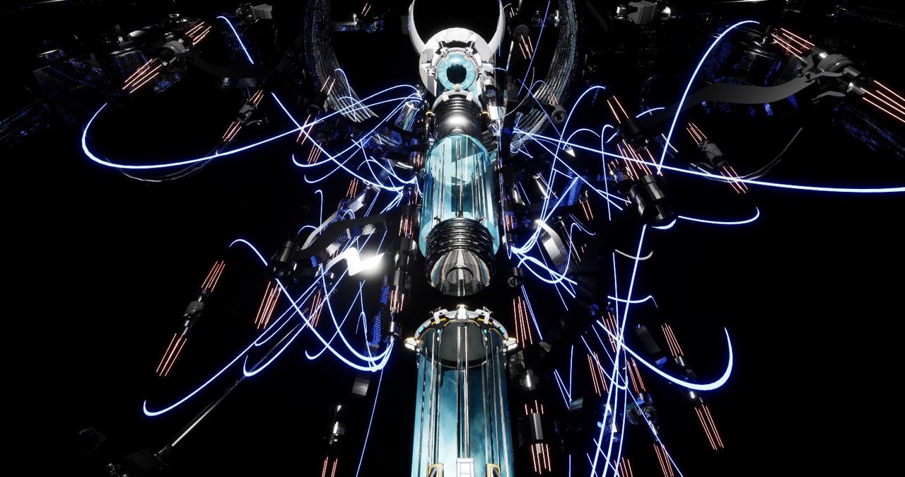 A vertical machine wrapped in streaks of blue light.