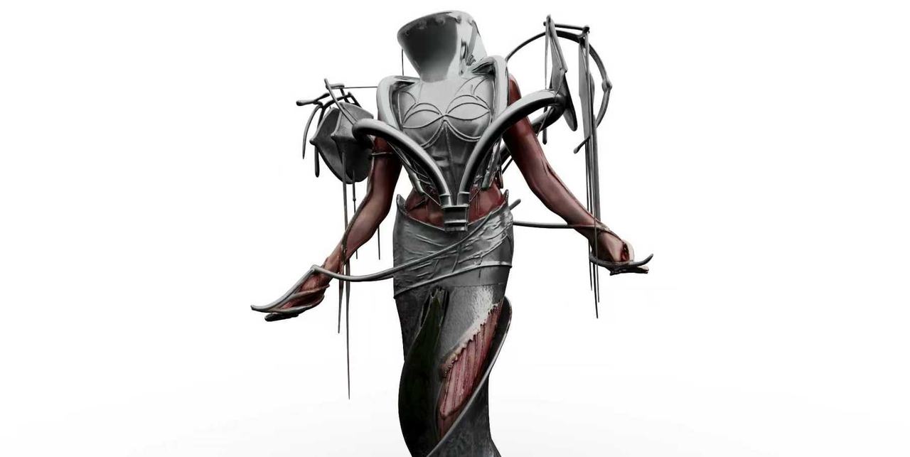 The bound figure rendered in silver and red against a white background.