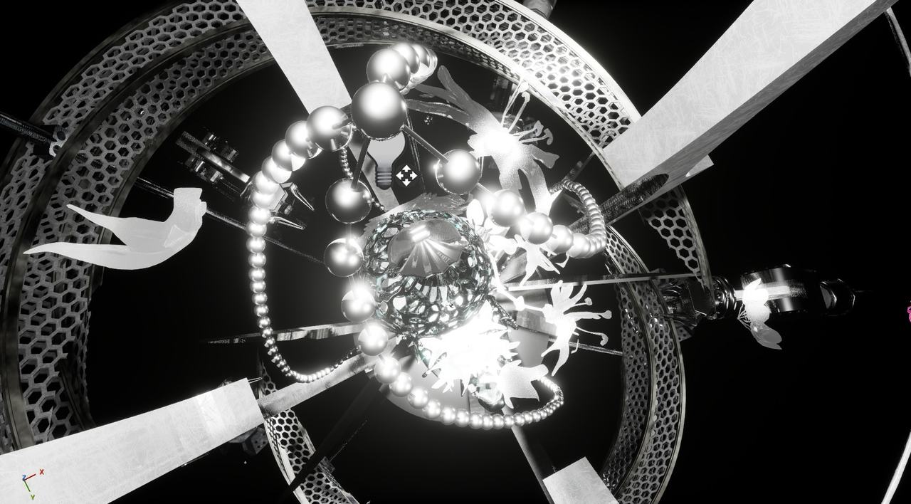 A glowing sphere inside concentric perforated metal rings, in black and white.
