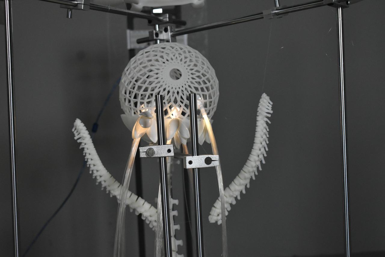 Close-up of the perforated sphere, small silk flowers, and the curved 3D-printed vertebrae.