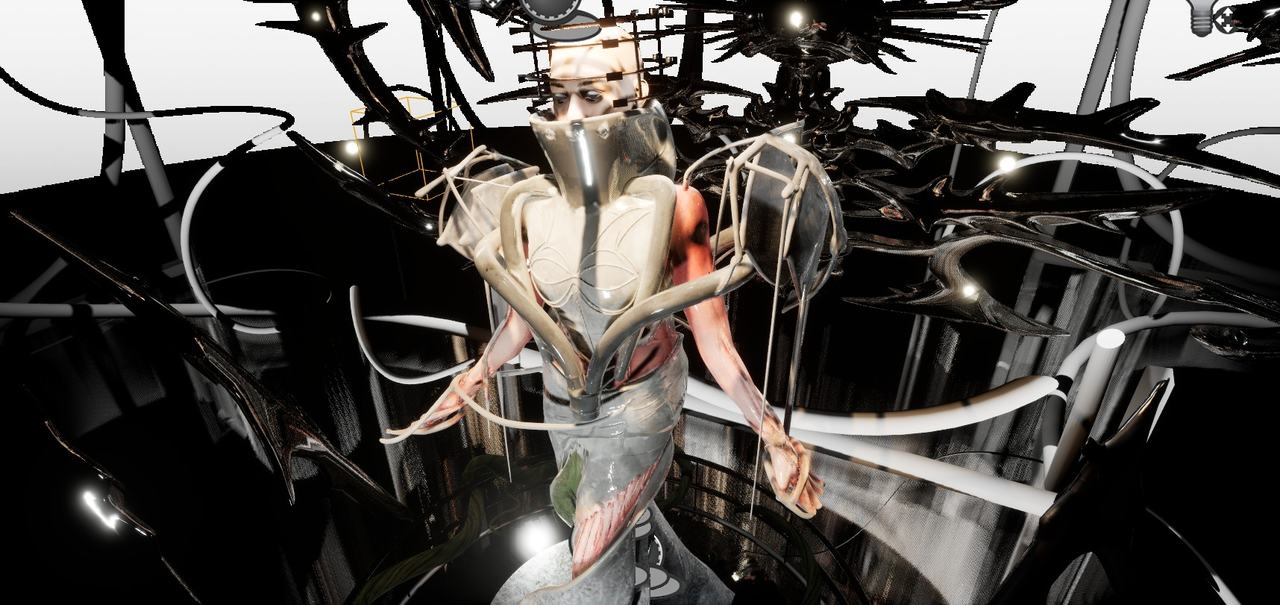 The bound figure suspended among dark mechanical structures and points of light.
