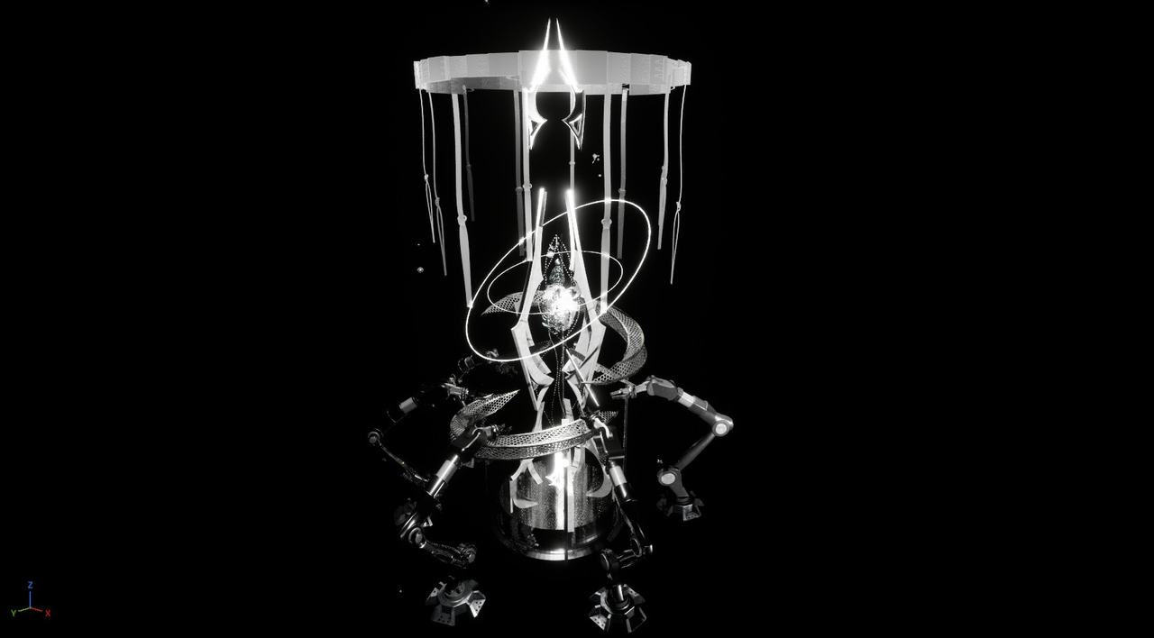 A transparent cylindrical chamber containing a small figure, in silver light.