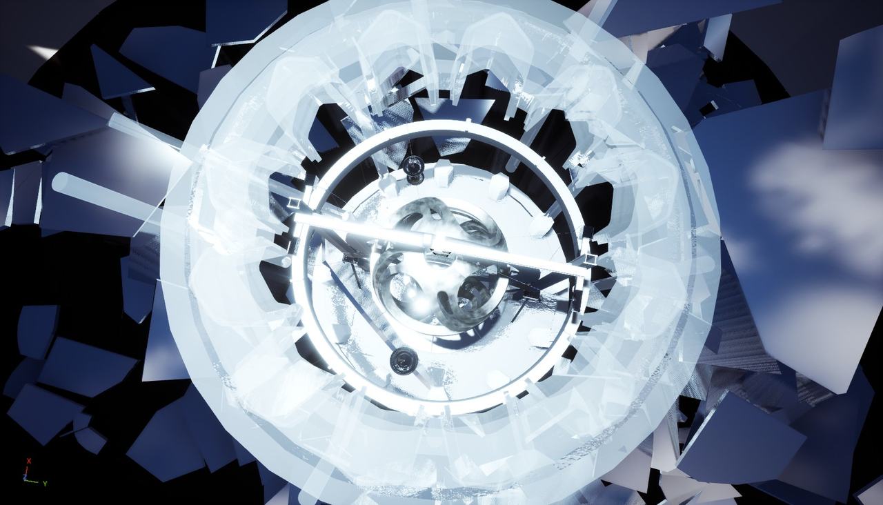 A bright circular mechanism surrounded by blue shards and clouds.